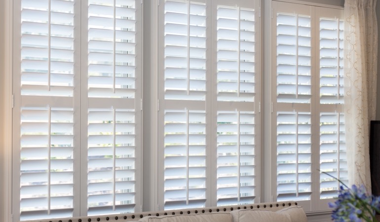 Faux wood plantation shutters in Chicago